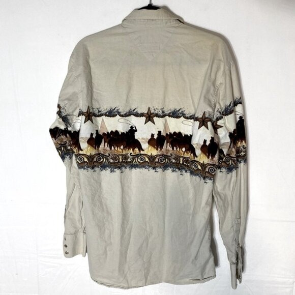 Vintage Panhandle Slim Beige Cowboy Horses Landscape Print Pearl Snap Shirt L - Picture 2 of 12